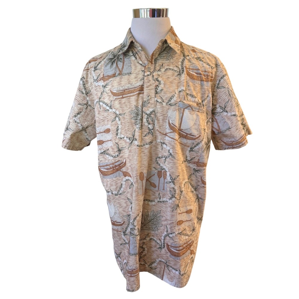 Barefoot in Paradise Pullover Shirt Mens XL Tall Tan Hawaiian Canoe Print USA